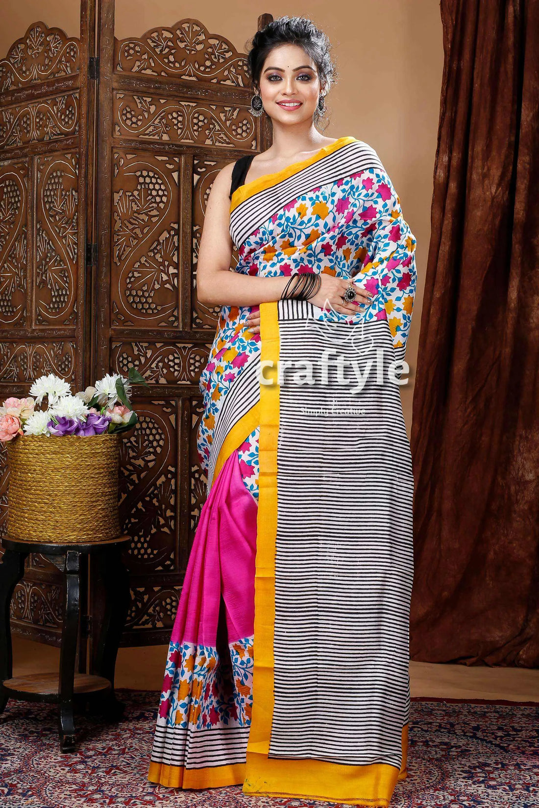 White &amp; hot pink floral motif hand block mulberry pure silk saree woman colorful saree 1