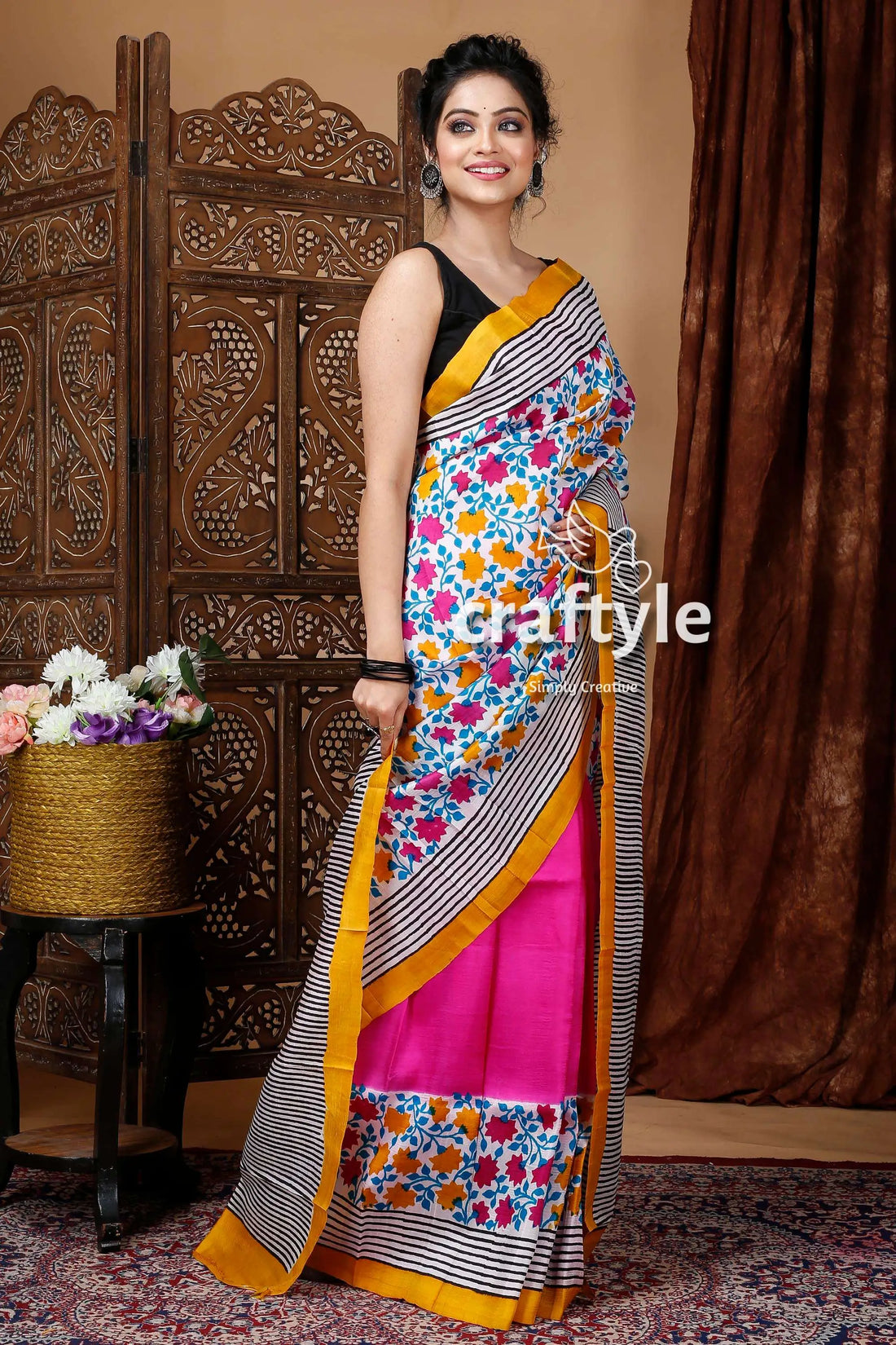 White &amp; hot pink floral motif hand block mulberry pure silk saree woman floral striped saree 2