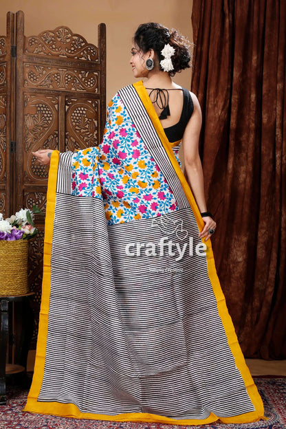 White &amp; hot pink floral motif hand block mulberry pure silk saree floral striped saree yellow border 5