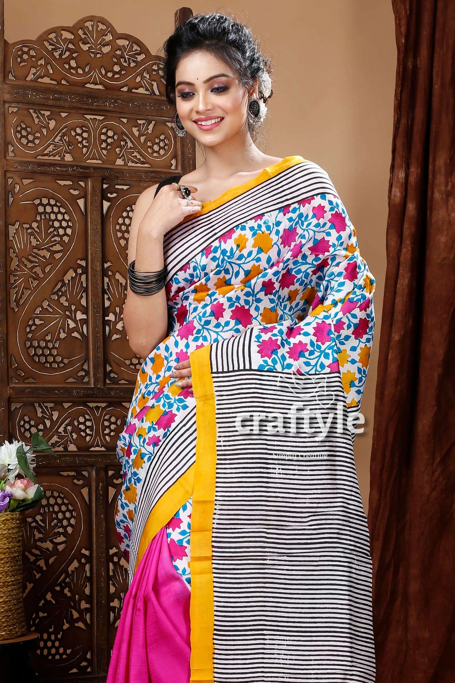 White &amp; hot pink floral motif hand block mulberry pure silk saree woman colorful saree 3