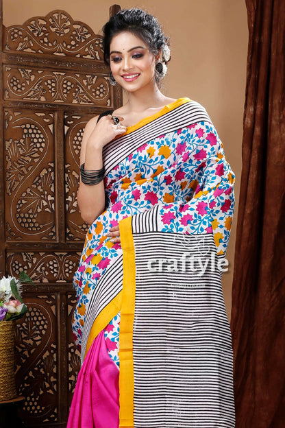 White &amp; hot pink floral motif hand block mulberry pure silk saree woman colorful saree 3