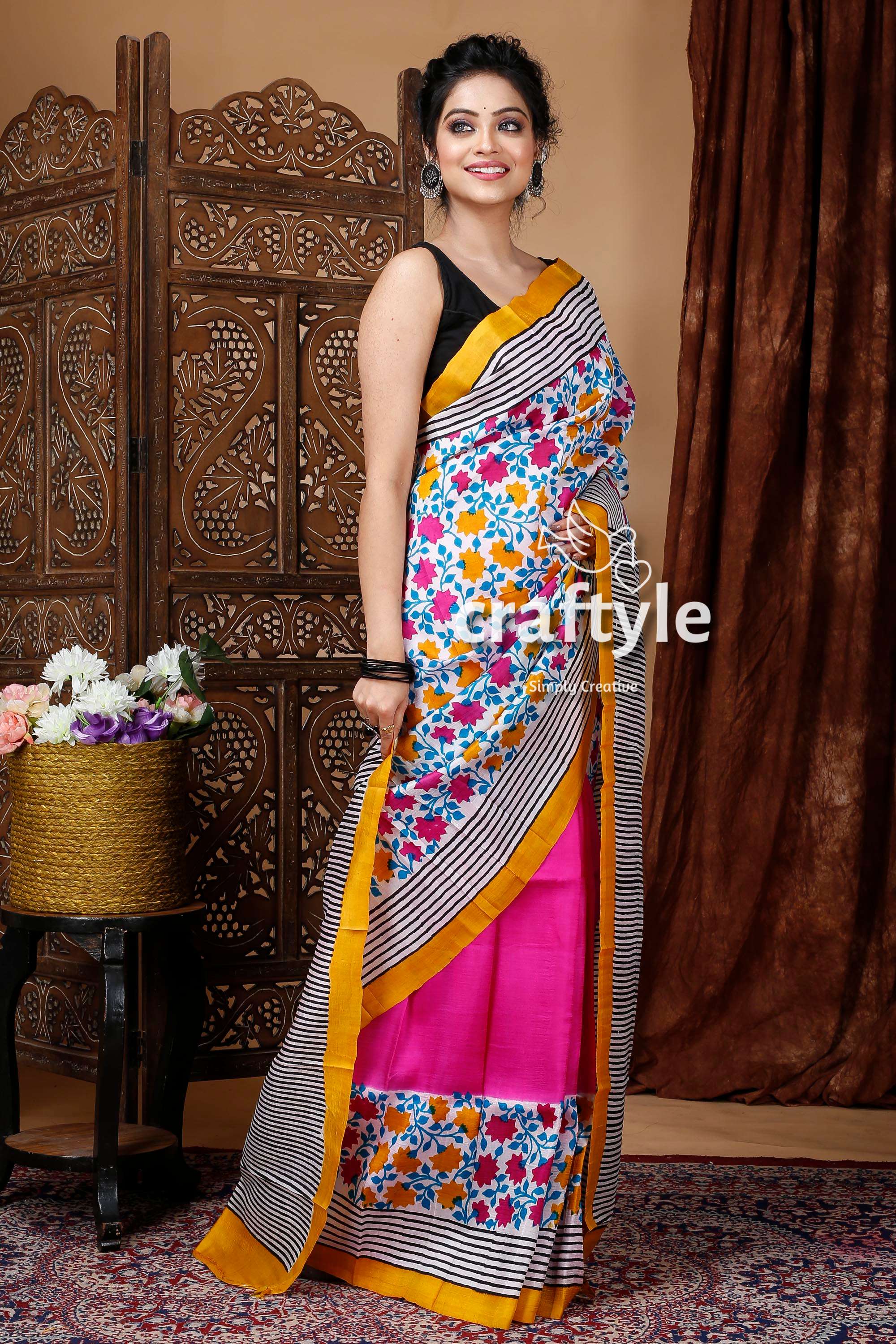 White &amp; Hot Pink Floral Motif Hand Block Mulberry Pure Silk Saree - Craftyle