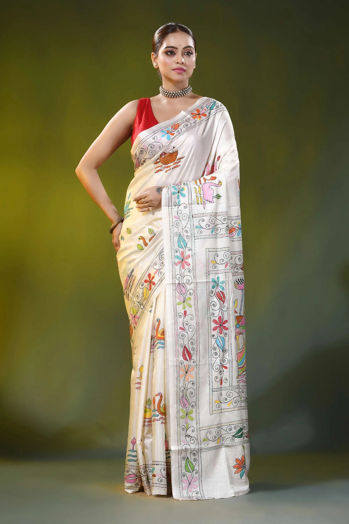 White kantha embroidery silk saree with colorful swan motif 7