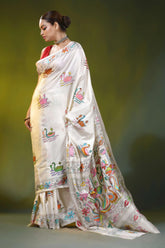 White kantha embroidery silk saree with colorful swan motif 4