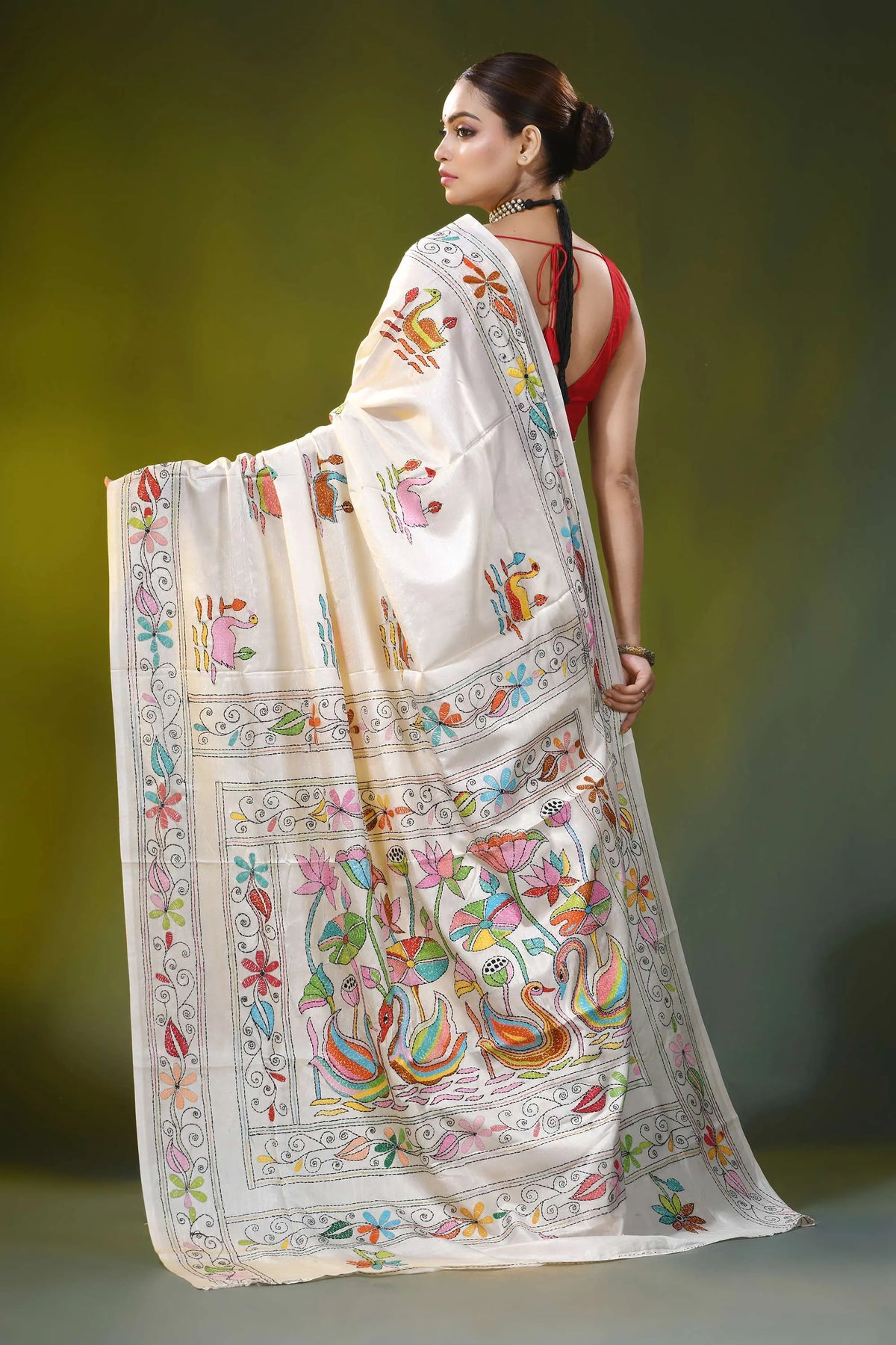 White kantha embroidery silk saree with colorful swan motif 6
