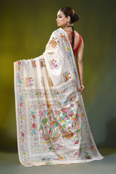 White kantha embroidery silk saree with colorful swan motif 6