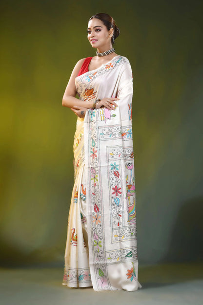 White kantha embroidery silk saree with colorful swan motif 3