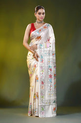 White kantha embroidery silk saree with colorful swan motif 1