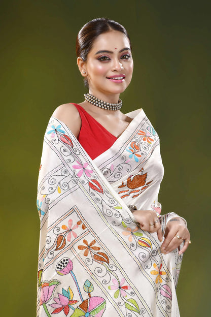 White kantha embroidery silk saree with colorful swan motif 2