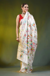 White kantha embroidery silk saree with colorful swan motif 5