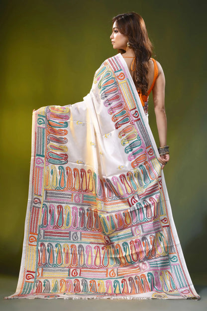 White kantha embroidery silk saree with multicolor paisley design 5