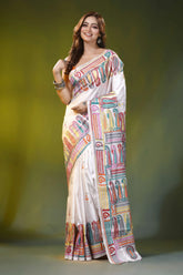 White kantha embroidery silk saree with multicolor paisley design 6