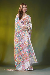 White kantha embroidery silk saree with multicolor paisley design 4