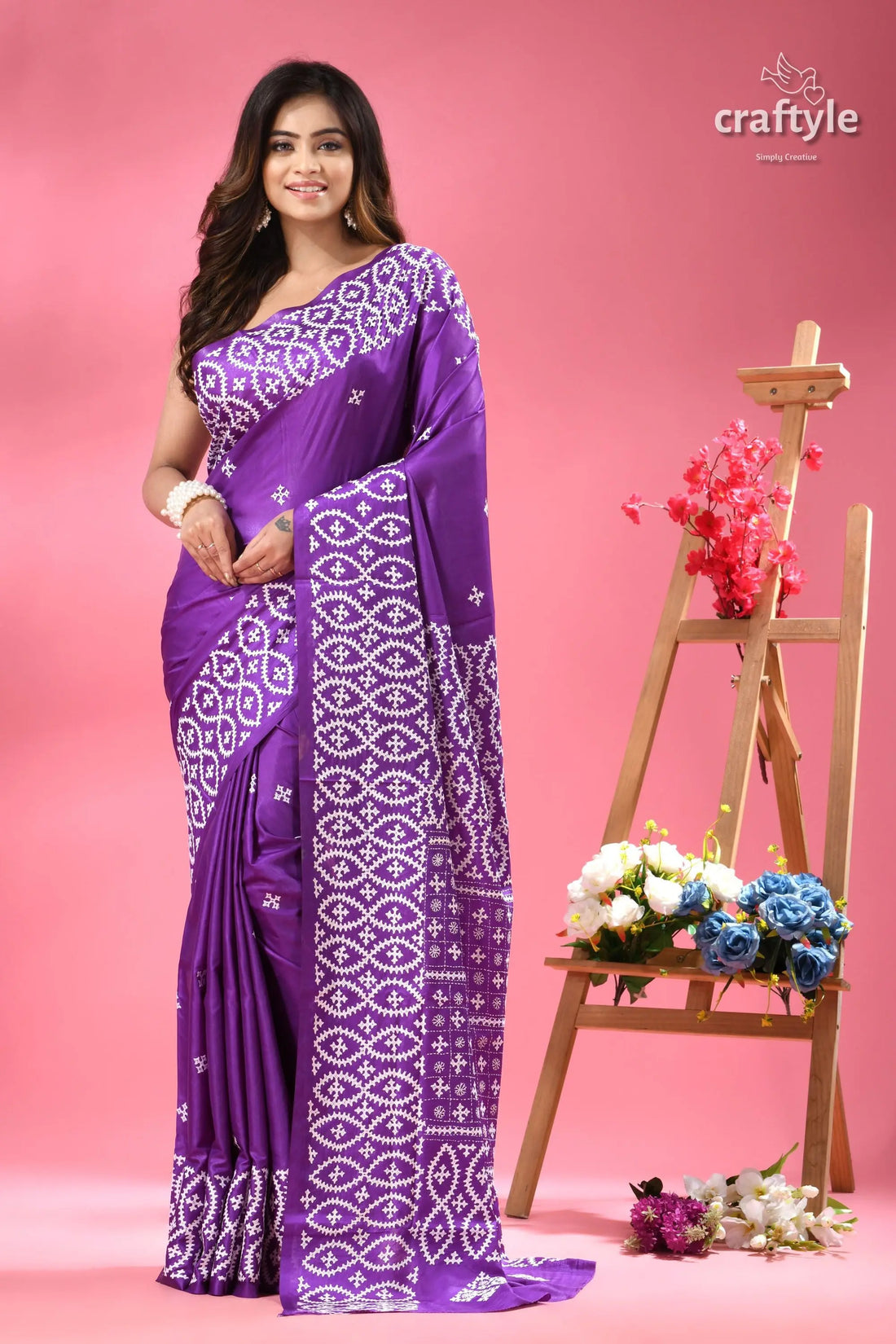 White kutch embroidered french violet silk saree purple silk saree white embroidered 1