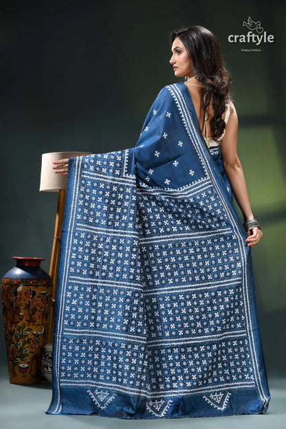 White kutch embroidery regal blue premium silk saree blue white patterned saree intricate 6