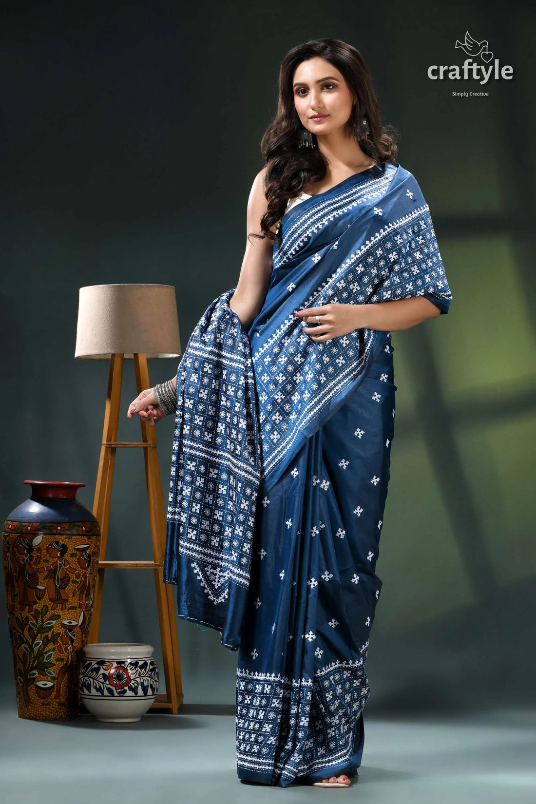 White kutch embroidery regal blue premium silk saree blue white bandhani saree intricate 1