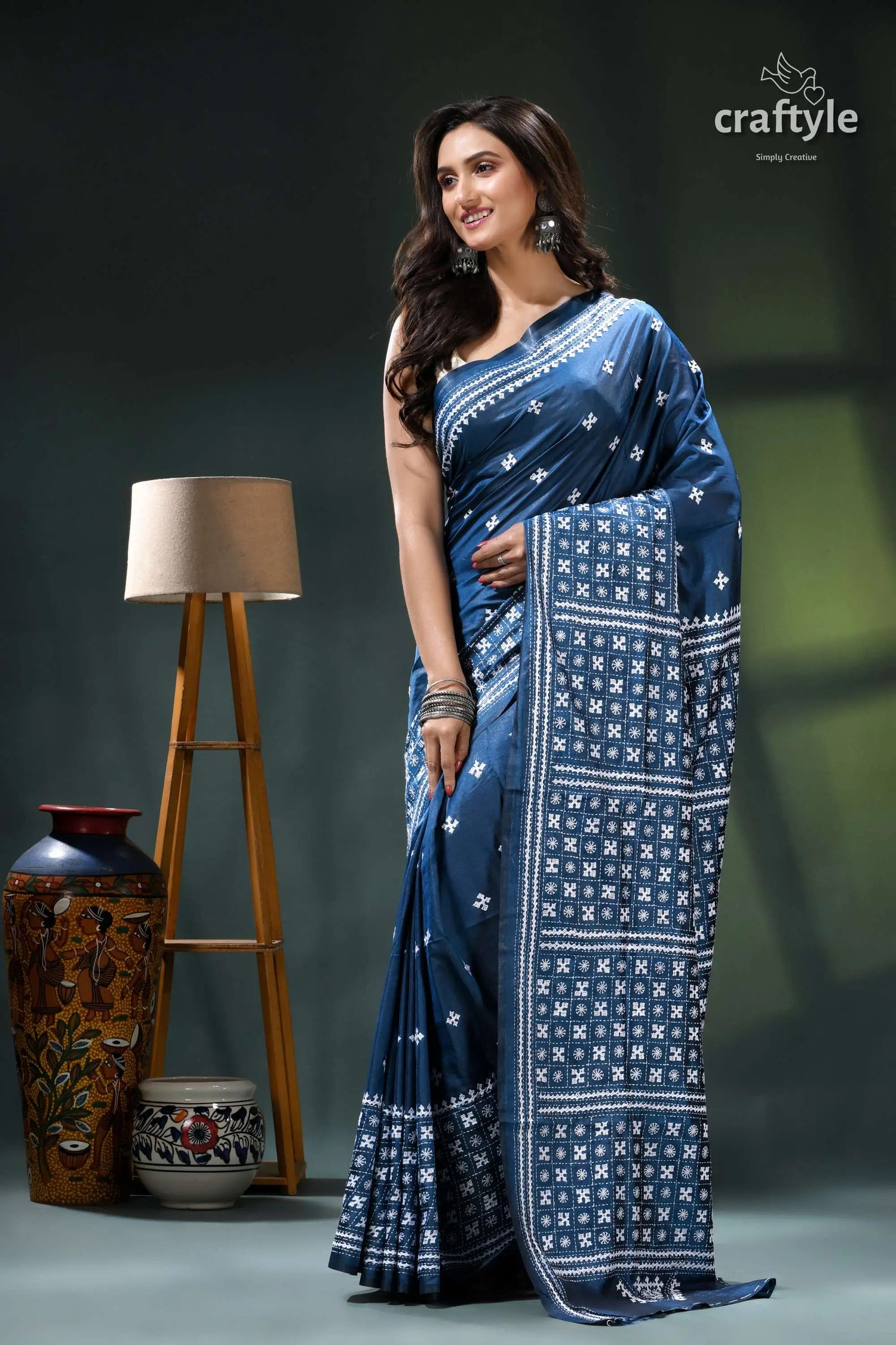 White kutch embroidery regal blue premium silk saree blue white patterned saree intricate 4