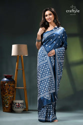 White kutch embroidery regal blue premium silk saree blue white patterned saree intricate 5