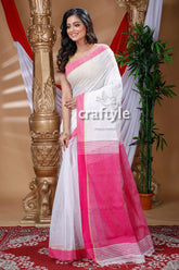 White & Magenta Pink Handloom Cotton Saree-Craftyle