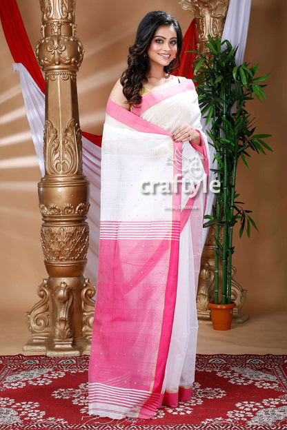 White &amp; Magenta Pink Handloom Cotton Saree-Craftyle