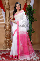 White & Magenta Pink Handloom Cotton Saree-Craftyle