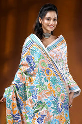 White multi-thread floral motif handcrafted silk kantha saree 2