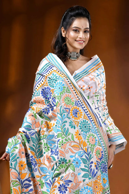White multi-thread floral motif handcrafted silk kantha saree 2