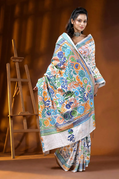 White multi-thread floral motif handcrafted silk kantha saree 4