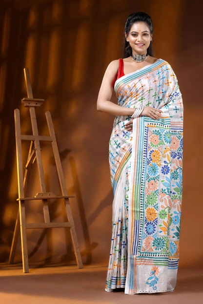 White multi-thread floral motif handcrafted silk kantha saree 1
