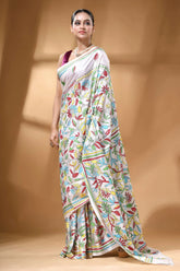 White multi-thread floral motif silk kantha work saree white saree adorned vibrant hand-painted 4