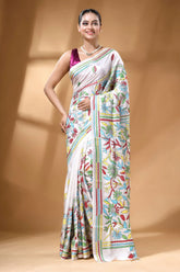 White multi-thread floral motif silk kantha work saree woman wears white saree vibrant 6