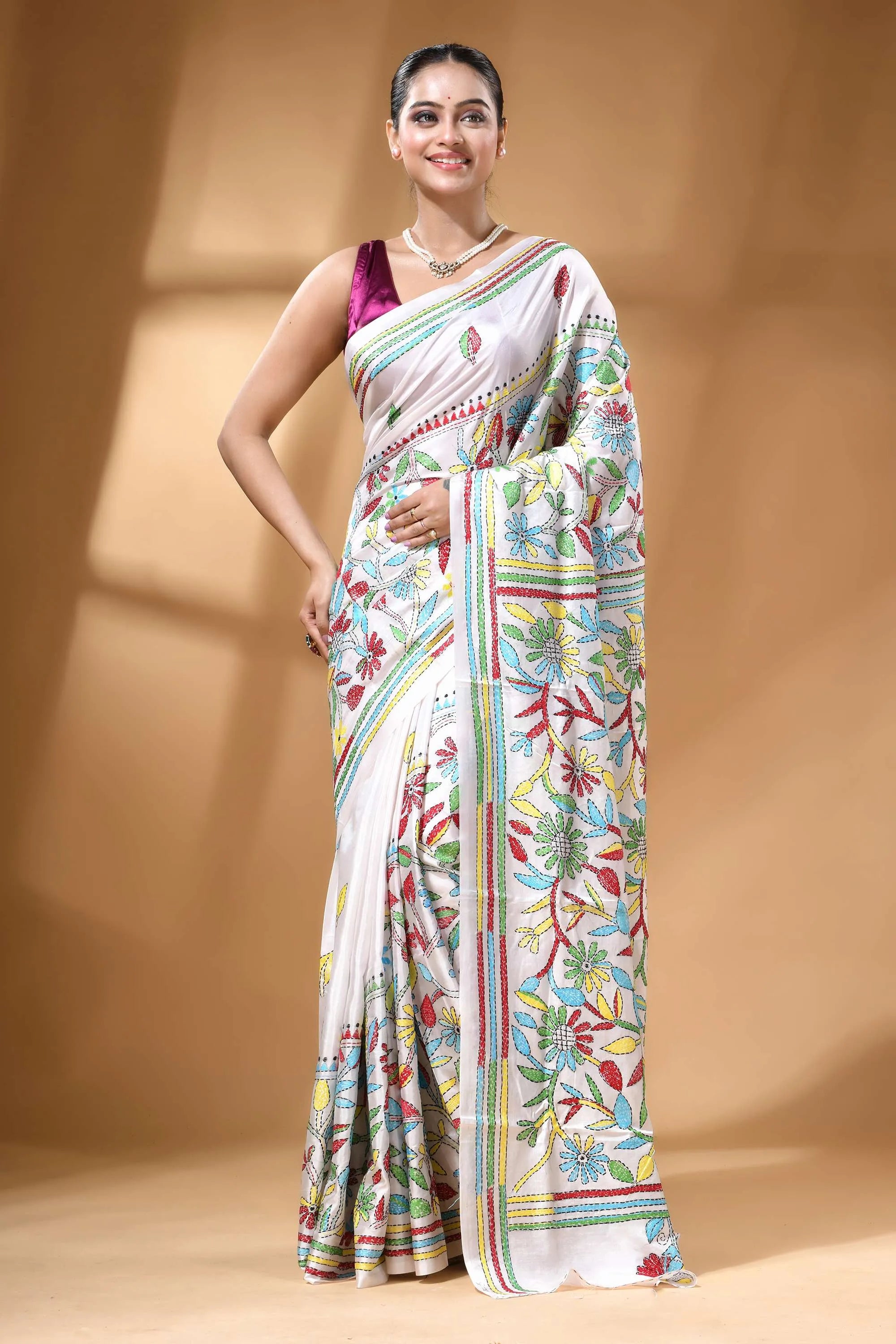 White multi-thread floral motif silk kantha work saree woman wears white saree vibrant 6
