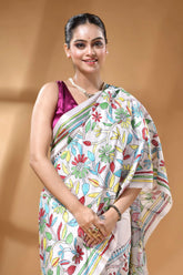 White multi-thread floral motif silk kantha work saree vibrant hand-embroidered white saree colorful 2