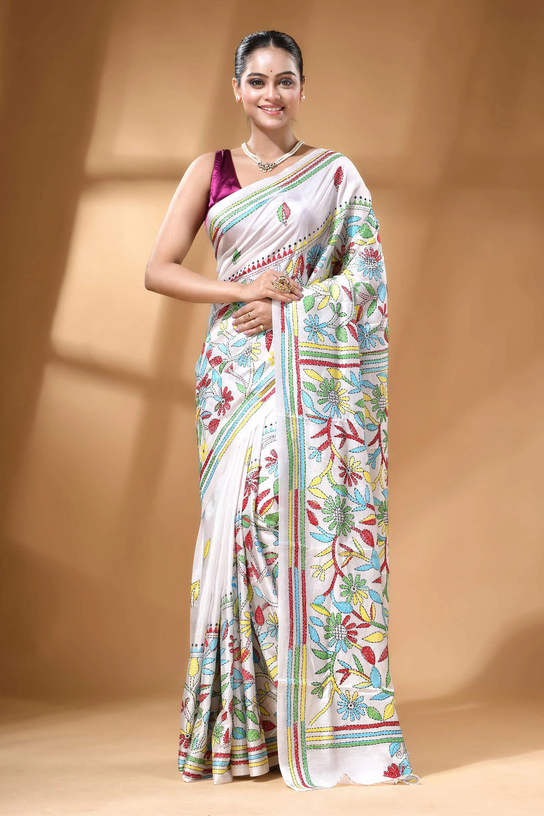 White multi-thread floral motif silk kantha work saree white silk saree adorned vibrant 1