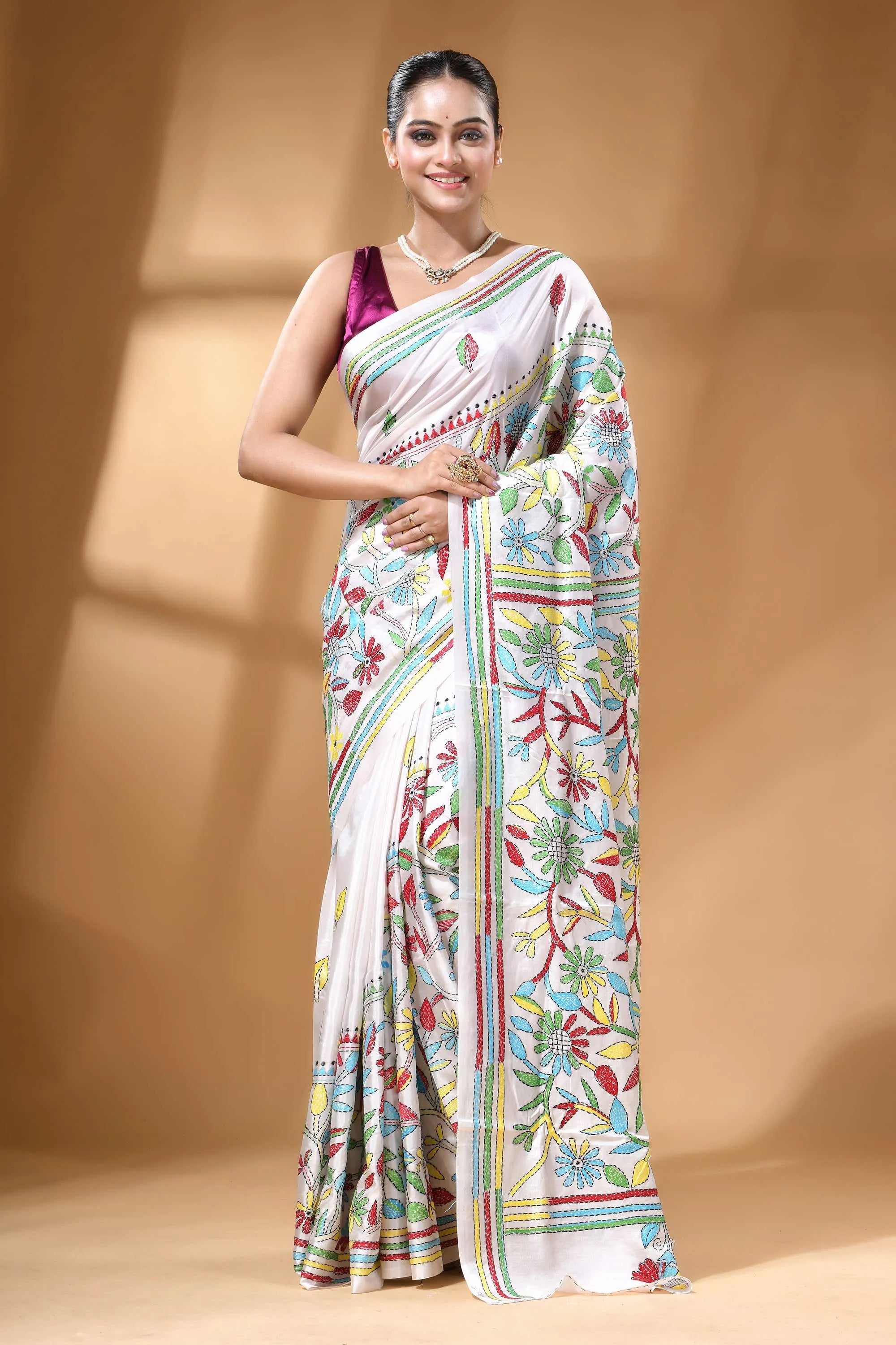 White multi-thread floral motif silk kantha work saree white silk saree adorned vibrant 1