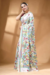 White multi-thread floral motif silk kantha work saree woman wears white saree adorned 3