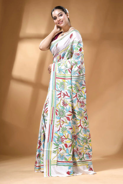 White multi-thread floral motif silk kantha work saree woman wears white saree adorned 3