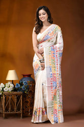White multi-thread geometric motif hand embroidered lambani silk saree woman wears off-white silk saree 6