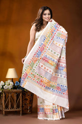 White multi-thread geometric motif hand embroidered lambani silk saree woman wears white saree vibrant 7