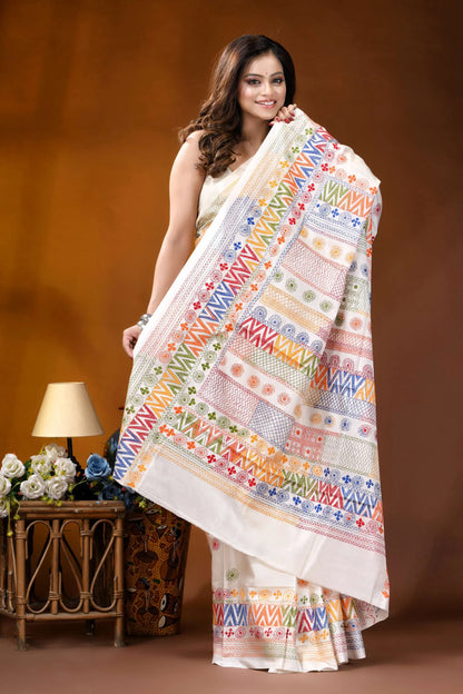 White multi-thread geometric motif hand embroidered lambani silk saree woman wears white saree vibrant 7