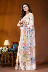 White multi-thread geometric motif hand embroidered lambani silk saree woman wears off-white silk saree 3
