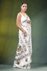 White multicolor folk art handcrafted silk kantha saree intricate colorful 6
