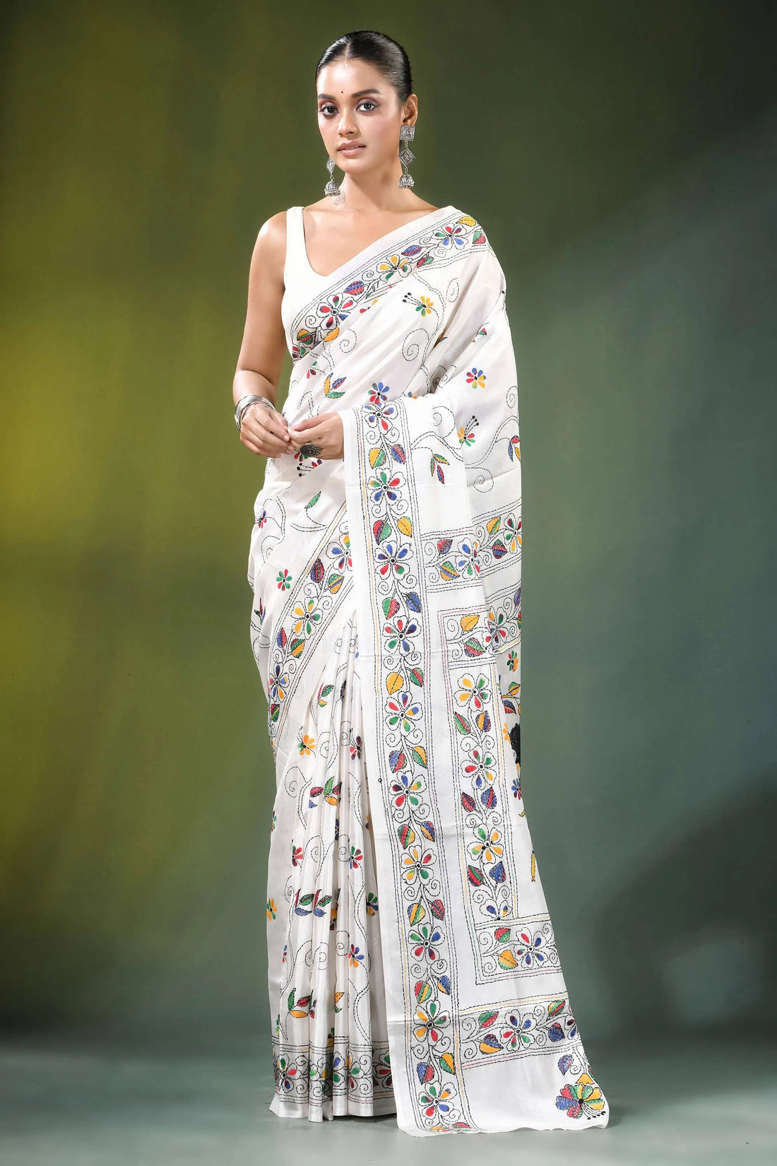 White multicolor folk art handcrafted silk kantha saree adorned intricate colorful 1