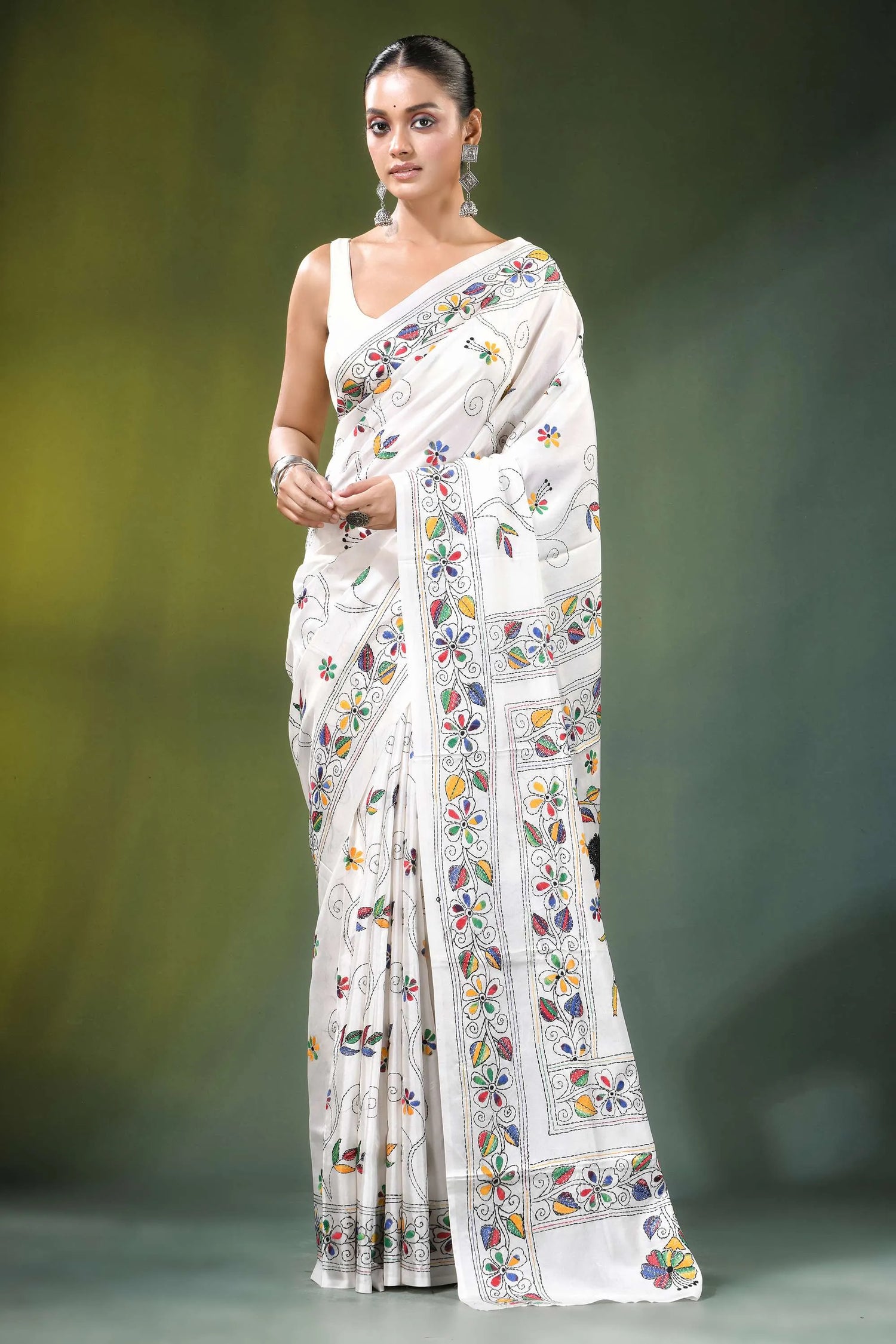White multicolor folk art handcrafted silk kantha saree adorned intricate colorful 1
