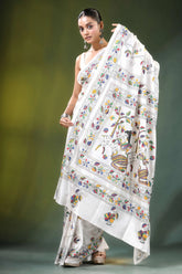 White multicolor folk art handcrafted silk kantha saree hand-painted intricate floral 4