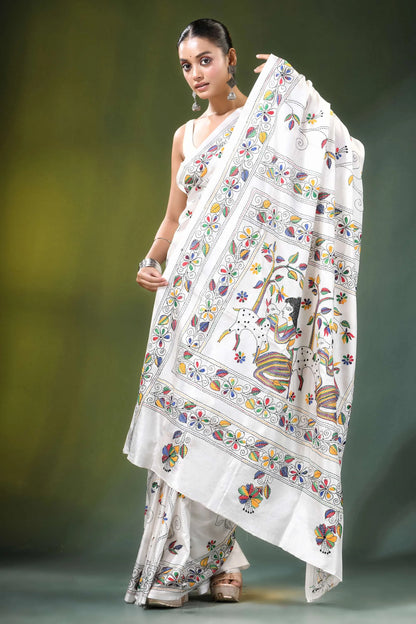 White multicolor folk art handcrafted silk kantha saree hand-painted intricate floral 4