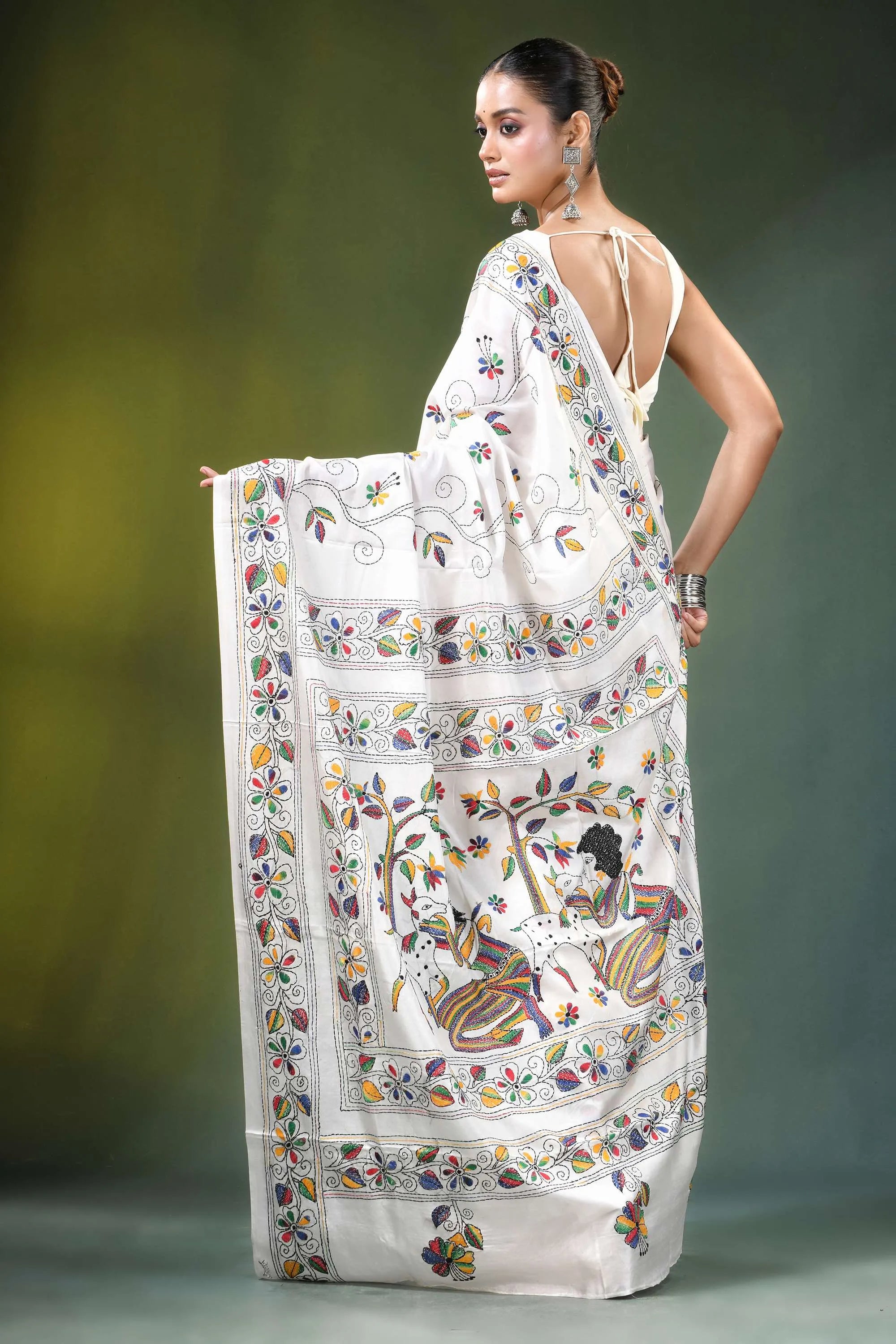 White multicolor folk art handcrafted silk kantha saree adorned intricate 5