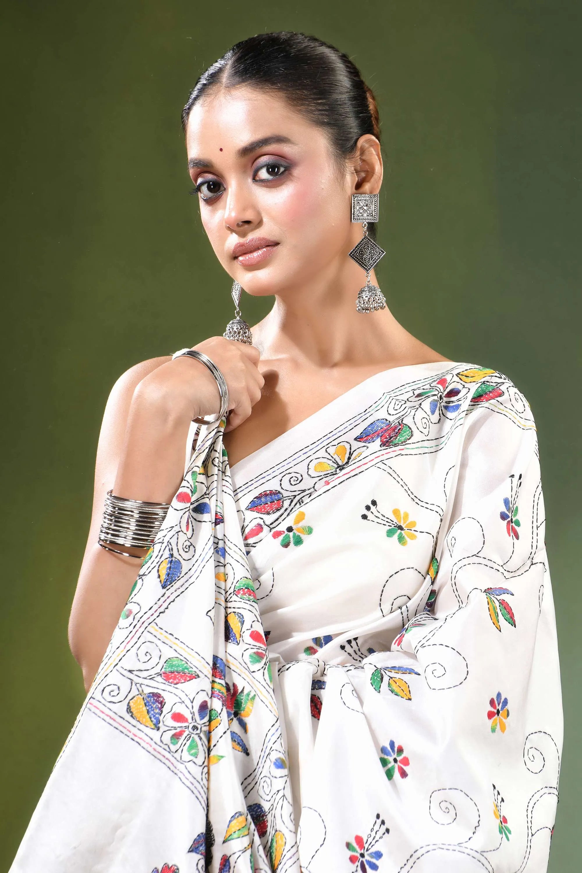 White multicolor folk art handcrafted silk kantha saree colorful floral embroidery 2