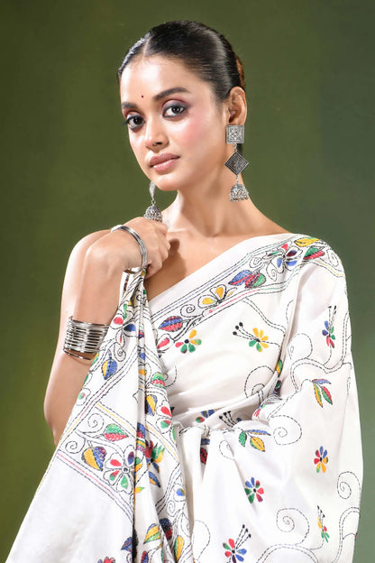 White multicolor folk art handcrafted silk kantha saree colorful floral embroidery 2