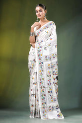 White multicolor folk art handcrafted silk kantha saree adorned intricate colorful 7